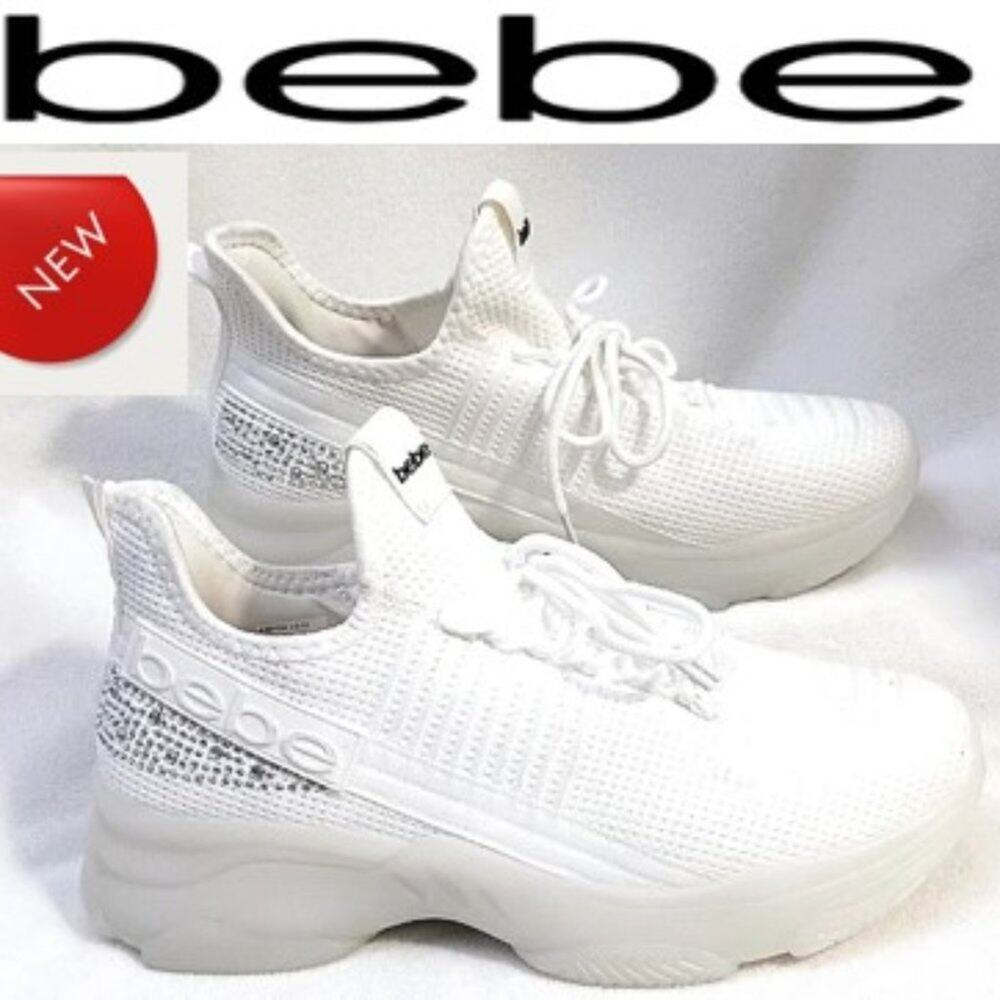 NEW‎ bebe Sneakers ANALIA Sz 9.5 Crystals WHITE Rhinestones Embellished Luxe
